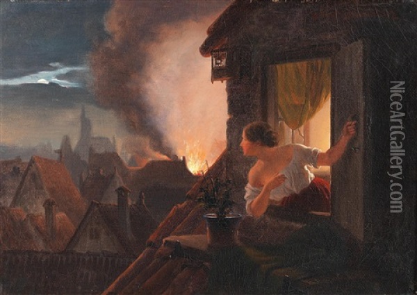A House Burns Oil Painting - Johann Josef Geyer