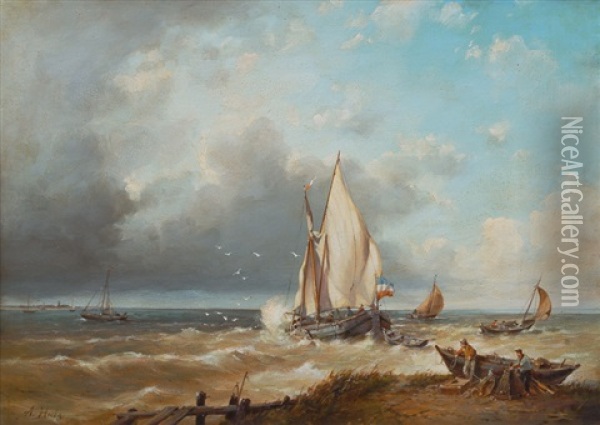 Dutch Fisherboats In The Surf Oil Painting - Abraham Hulk the Elder