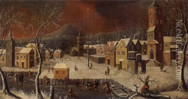 A View Of A German Town In Winter Oil Painting - Joseph van Bredael