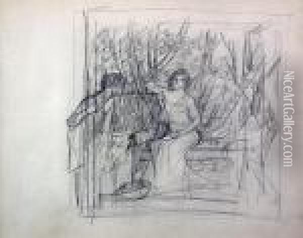 Man Watching A Seated Woman Pick Fruit Oil Painting - John William Waterhouse