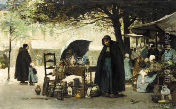 A Bruges Market Place Oil Painting - Flora MacDonald Reid