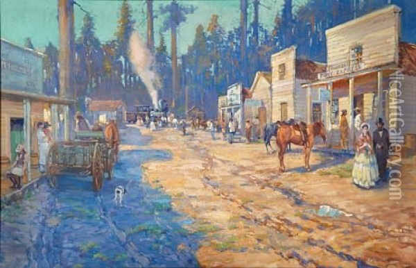 The Passing Of The Pony Express, Arrival Of The First Passenger Train At Truckee, May 11 Oil Painting - Alson Skinner Clark