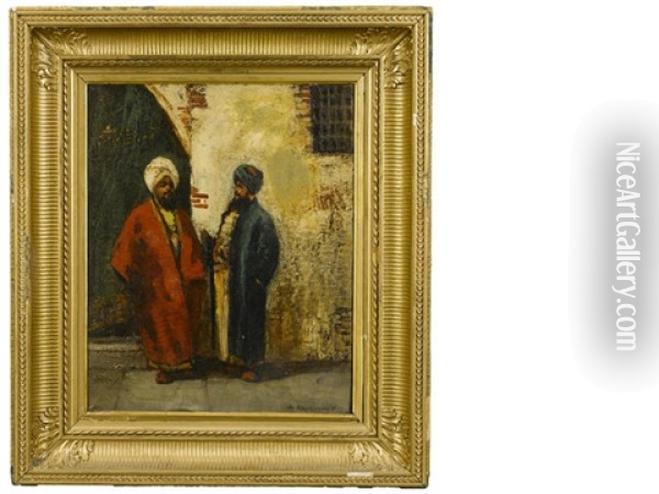 Two Arab Figures By A Doorway Oil Painting - Charles Montlevault