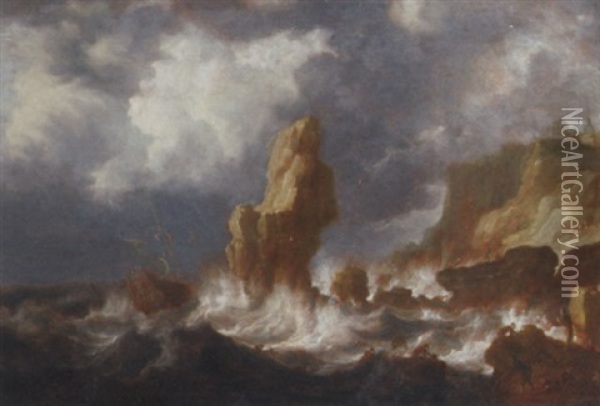 A Shipwrecked Three Master Off A Rocky Coast In A Gale, Survivors In The Foreground Oil Painting - Jan Peeters the Elder