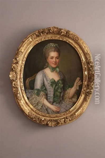 Portrait De Femme Assise A La Robe Parme Et Noeuds Verts, Tenant Un Eventail Dans Sa Main Gauche Oil Painting - Francois Hubert Drouais