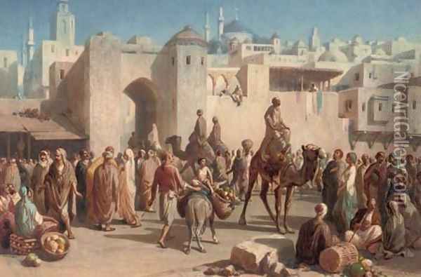 A busy Arab market Oil Painting - Louis Tesson
