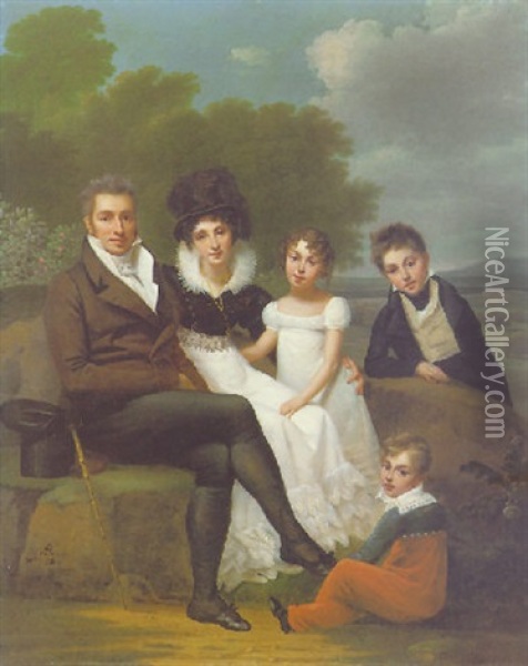 Portrait Of A Family Oil Painting - Ange-Rene Ravault