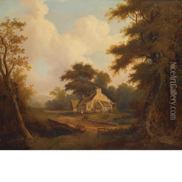 Landscape With Figures Before A Cottage Oil Painting - Robert Gibb
