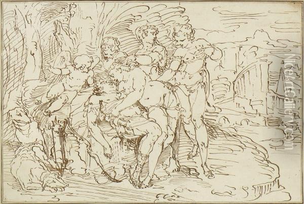 Venus Kusst Den Toten Adonis Oil Painting - Johann Gottlieb Prestel