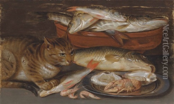 A Cat Sitting On A Table By A Bowl Of Fish And A Pewter Plate, With Two Oysters, A Crayfish And Shrimps Oil Painting - Clara Peeters