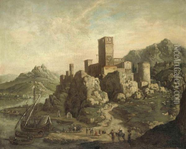 An Italianate Coastal Inlet With A Fortified Hilltop Town Oil Painting - Agostino Tassi