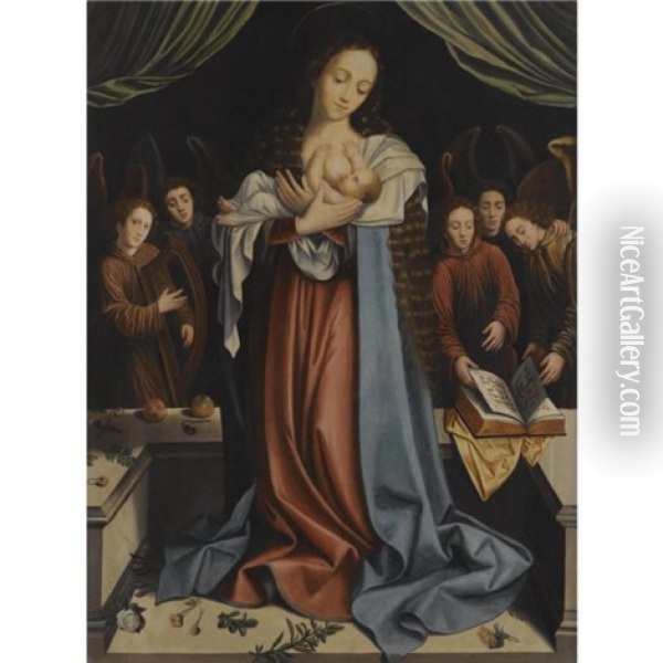 The Virgin And Child With Attendant Angels Oil Painting - Bernaert (Barend) van Orley