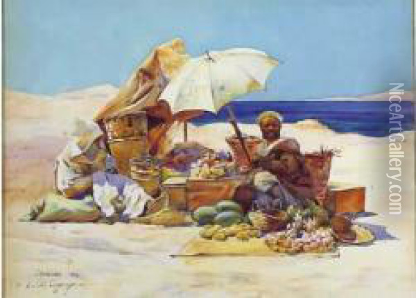 Le Marchand De Fruits Et Legumes
 Gouache, Signee Et Situee Casablanca, Date 1913 En Bas A Gauche Oil Painting - Ernest Louis Lessieux