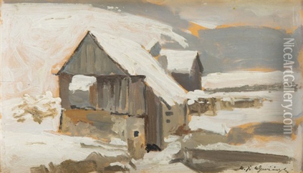 Hut In A Winter Landscape Oil Painting - Michael Gorstkin-Wywiorski