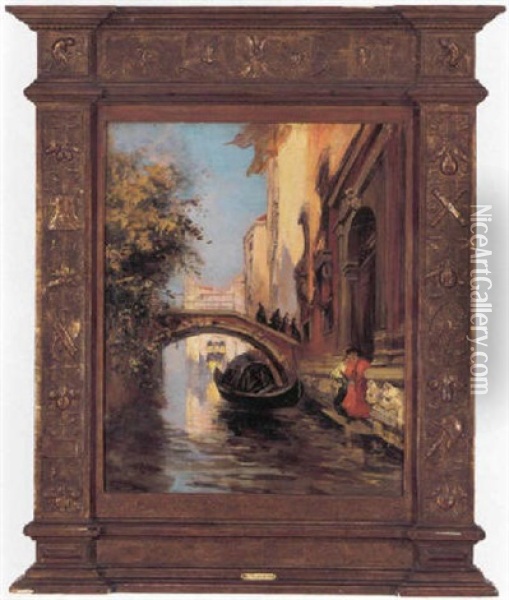 Venetiansk Kanalparti Oil Painting - Raymond Allegre