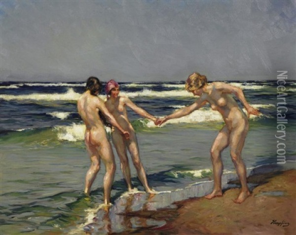 Drei Junge Fraunen Beim Badespas Am Meer Oil Painting - Wilhelm Hempfing