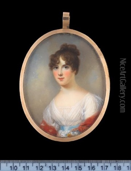 Sophia Anne, Lady Pole (nee Templer), Wearing White Dress With Blue Ribbon Sash Over Gathered Smock, A Red Mantle About Her Shoulders, Her Hair Upswept Oil Painting - James Leakey