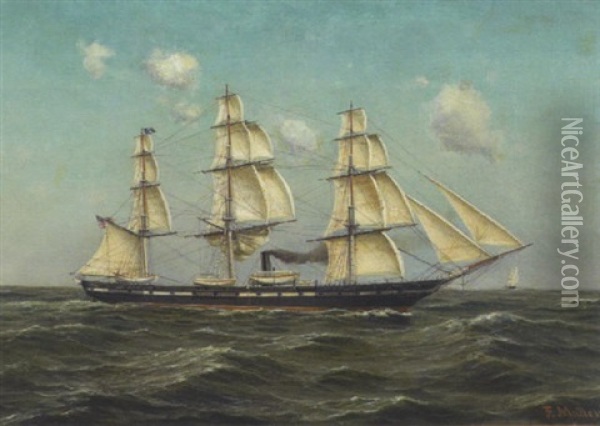U.s. Naval Frigate Oil Painting - Fritz Mueller