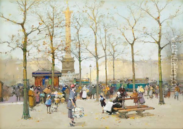 Paris, Place De La Bastille Oil Painting - Eugene Galien-Laloue