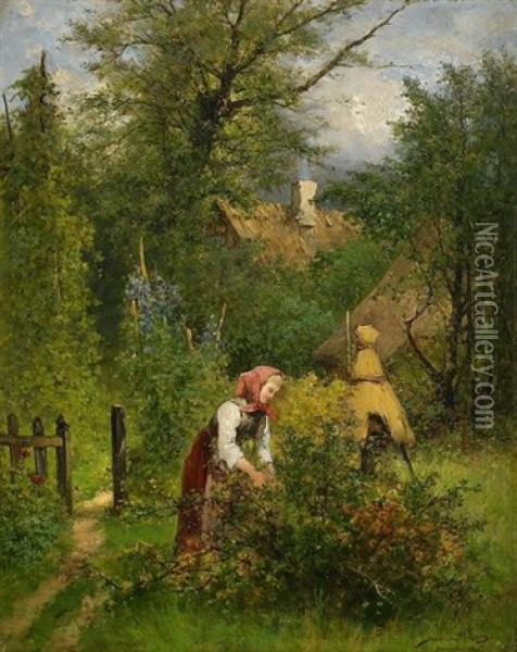 Sommarlandskap Med Barplockande Flicka Oil Painting - Johan Severin Nilsson