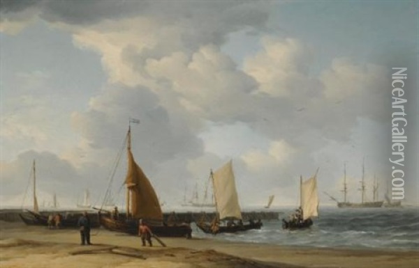 A Dutch Fishing Pinck Hauled Up On The Beach, With Men Of War At Anchor In The Distance Oil Painting - Charles Brooking