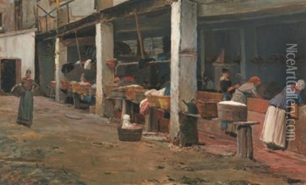Lavaderos De La Barceloneta (the Washing Place, Barcelona) Oil Painting - Santiago Rusinol