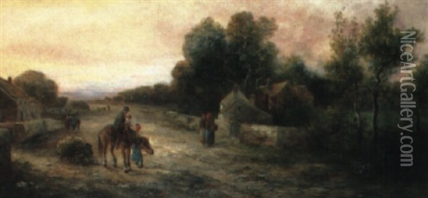 Figures And A Horseman In A Village Street Oil Painting - Franz Barbarini