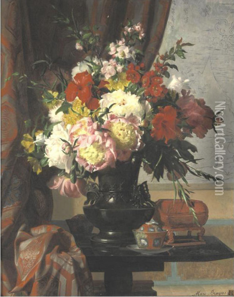 Still Life With Peonies Oil Painting - Marc Laurent Bruyas