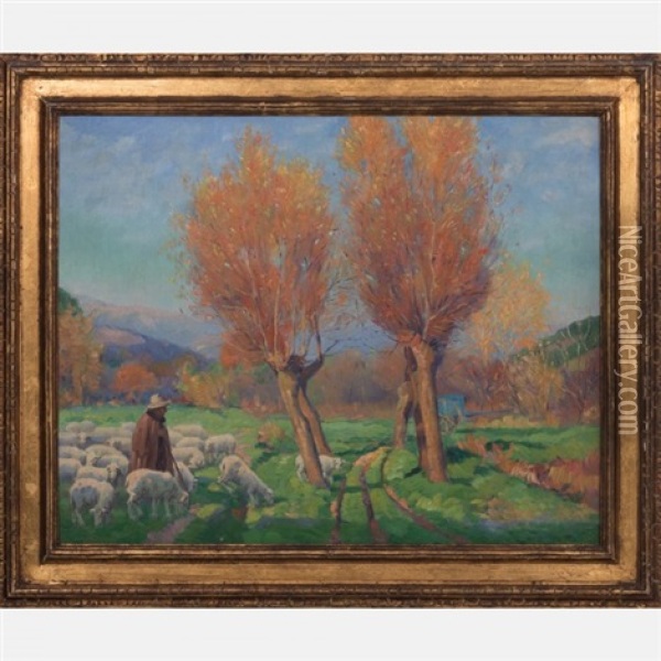 Shepherd With Flock Oil Painting - Alexander Warshawsky