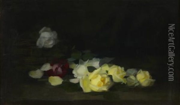Still Life Of Red And Yellow Roses Oil Painting - Stuart James Park