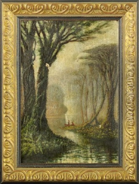 Early Morning View Of Cypress Trees Along The Bayou With Two Fisherman In A Pirogue Oil Painting - John Antrobus