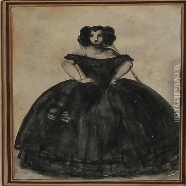Woman In A Black Crinoline Dress Oil Painting - Constantin Guys