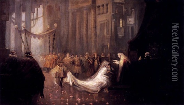Boceto De La Boda De Enrique V Con La Princesa Catherine De Francia Oil Painting - Salvador Sanchez Barbudo