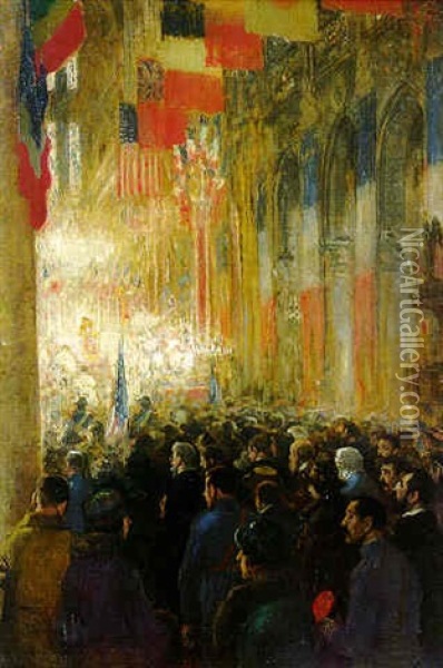 Service In Notre Dame, Giving Thanks For Victory After The Great International War Oil Painting - Francis Luis Mora