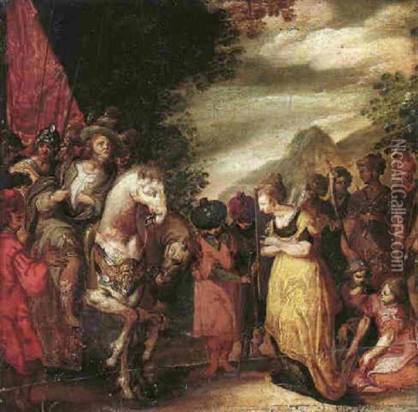 The Offering Of Abigail Before David Oil Painting - Cornelis Cornelisz Van Haarlem