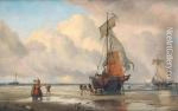 A Beached Fishing Vessel Unloading Itscatch Oil Painting - Edward William Cooke