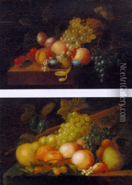 Grapes, Peaches, Plums, Pomegranates, Pears And Redcurrants, On A Ledge Oil Painting - William Jones