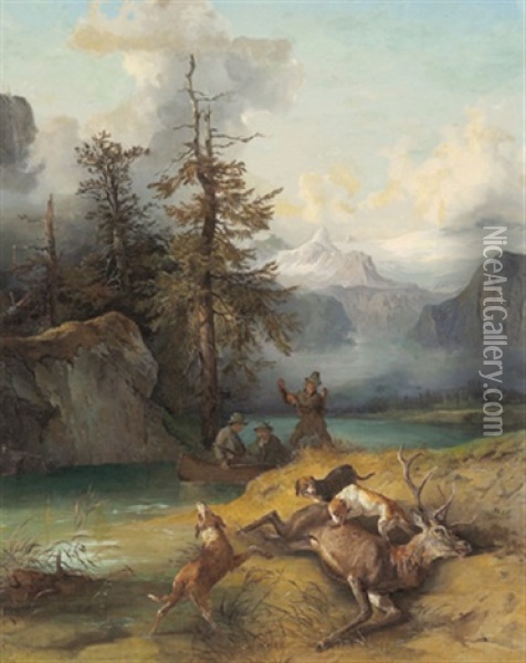 Jagdhunde Und Jager Bei Einem Erlegten Hirsch, Im Hintergrund Der Dachstein Oil Painting - Edmund Mahlknecht