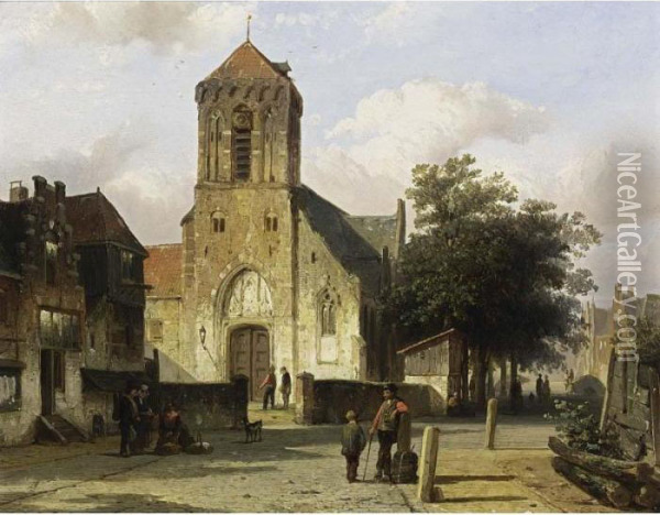 Figures In A Street, Elburg Oil Painting - Cornelis Springer