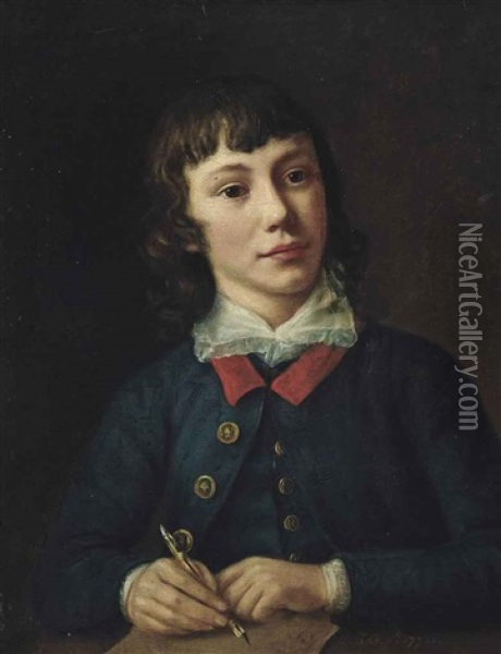 Portrait Of A Young Gentleman, Half-length, In A Blue Coat, Holding A Pen In His Right Hand Oil Painting - Nathaniel Hone the Elder