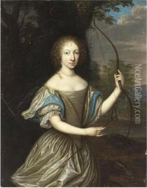 A Portrait Of A Lady, Said To Be
 Anna Dorothea Von Lehndorff (1645-1676), As Diana Standing Three 
Quarter Length In A Park Landscape Oil Painting - Pieter Nason