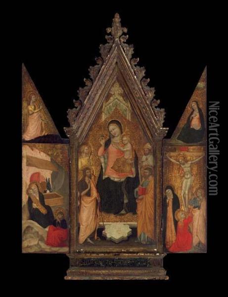 A Portable Triptych: The Madonna And Child Enthroned With A Female Saint, Saint John The Baptist, A Bishop Saint, And Saint Peter; On The Wings - The Nativity With The Angel Of The Annunciation On The Pinnacle Above; And The Crucifixion With The Virgi Oil Painting - Niccolo Di Tommaso