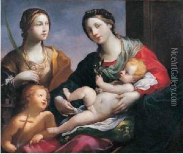 Madonna Con Il Bambino, San Giovannino E Santa Barbara Oil Painting - Francesco Giovanni Gessi