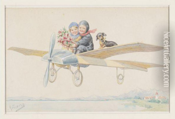Two Children And A Dachshund On A Plane Oil Painting - Karl Feiertag