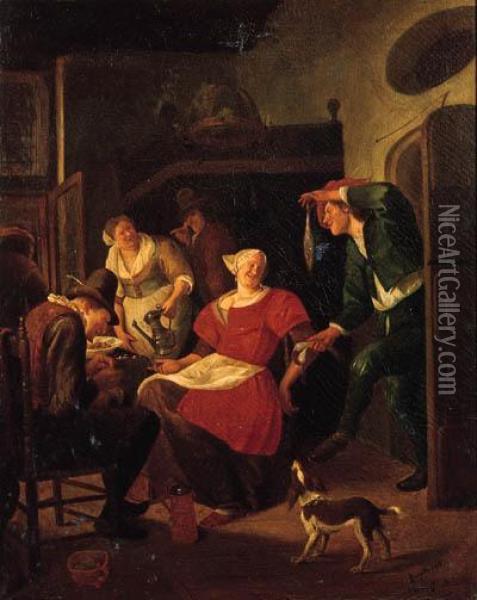 A Man Showing Onions And A Herring To A Courtesan Seated By A Tablein An Interior Oil Painting - Jan Steen