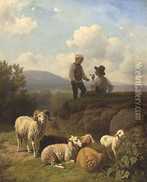 Young shepherds having a smoke Oil Painting - Robert Eberle