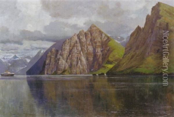 Nordlandfjord Mit Einem Dampfschiff Oil Painting - Michael Zeno Diemer