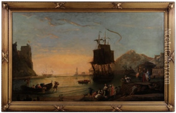 Italianate Harbor With Ship And Fisherman Oil Painting - Claude Lorrain