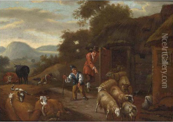 A Landscape With Shepherds Driving Sheep Out Of A Barn, Cattle In The Foreground;
 A Landscape With A Shepherdess And A Sleeping Shepherd Together With Their Herd Near A Farmhouse Oil Painting - Michiel Carre