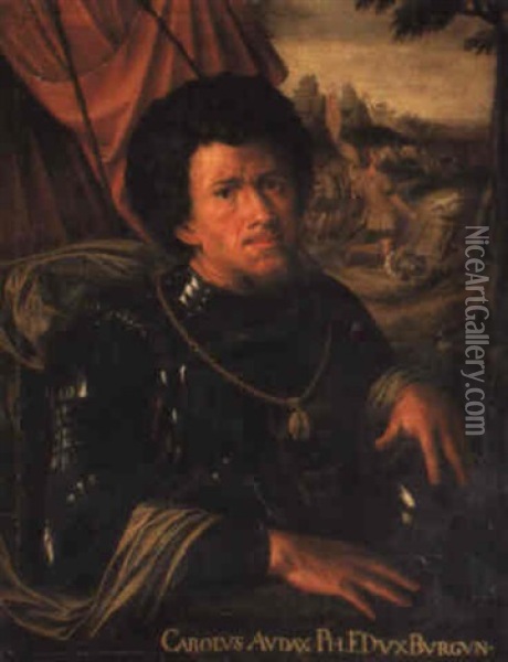 Portrait Of Charles The Bold Wearing Armour With His Hand On A Helmut Oil Painting - Jan Sanders (Jan van) Hemessen